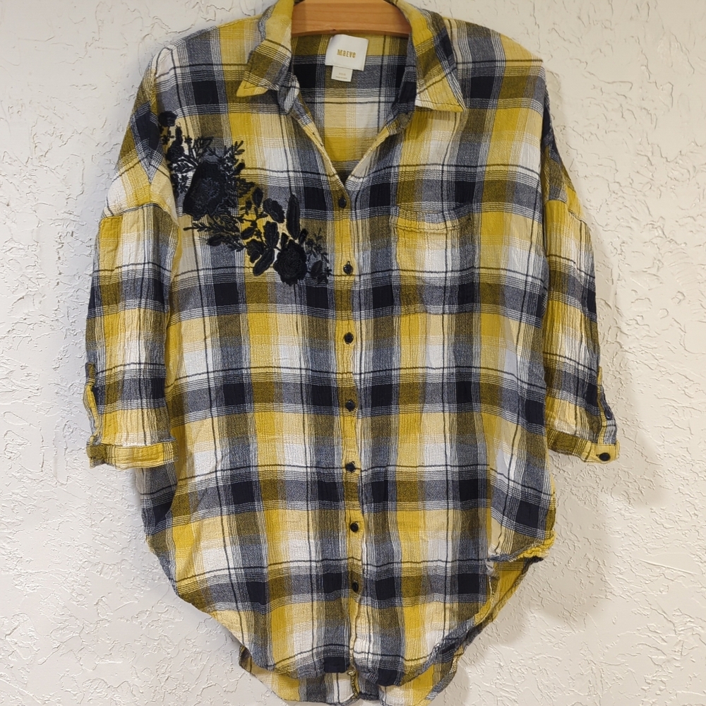 Maeve Yellow and Black Plaid Button-Up Oversized Shirt Embroidered W Size XS/S